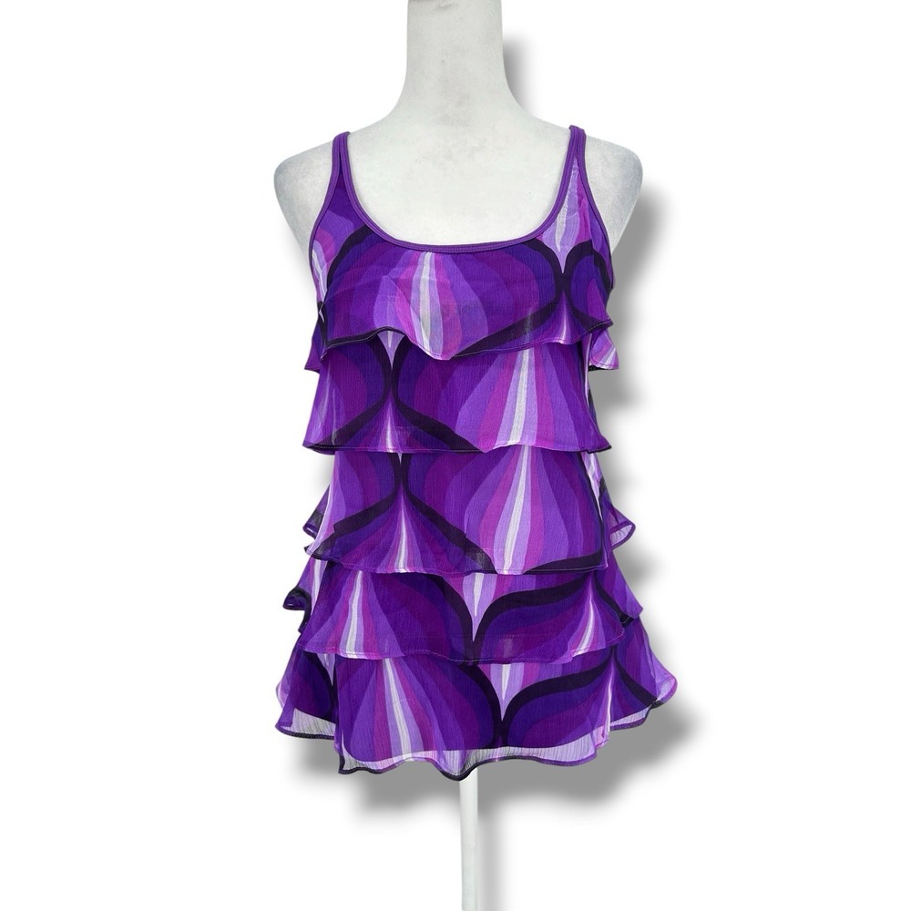 NY&C Purple Ruffle Tank S Y2K Coquette Tiered Chiffon Psychedelic Print Top